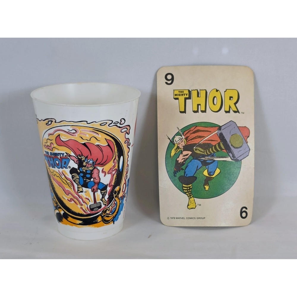 Vintage 1977 Marvel 7-Eleven Slurpee Plastic Cup Thor Loki & 1978 Playing Card